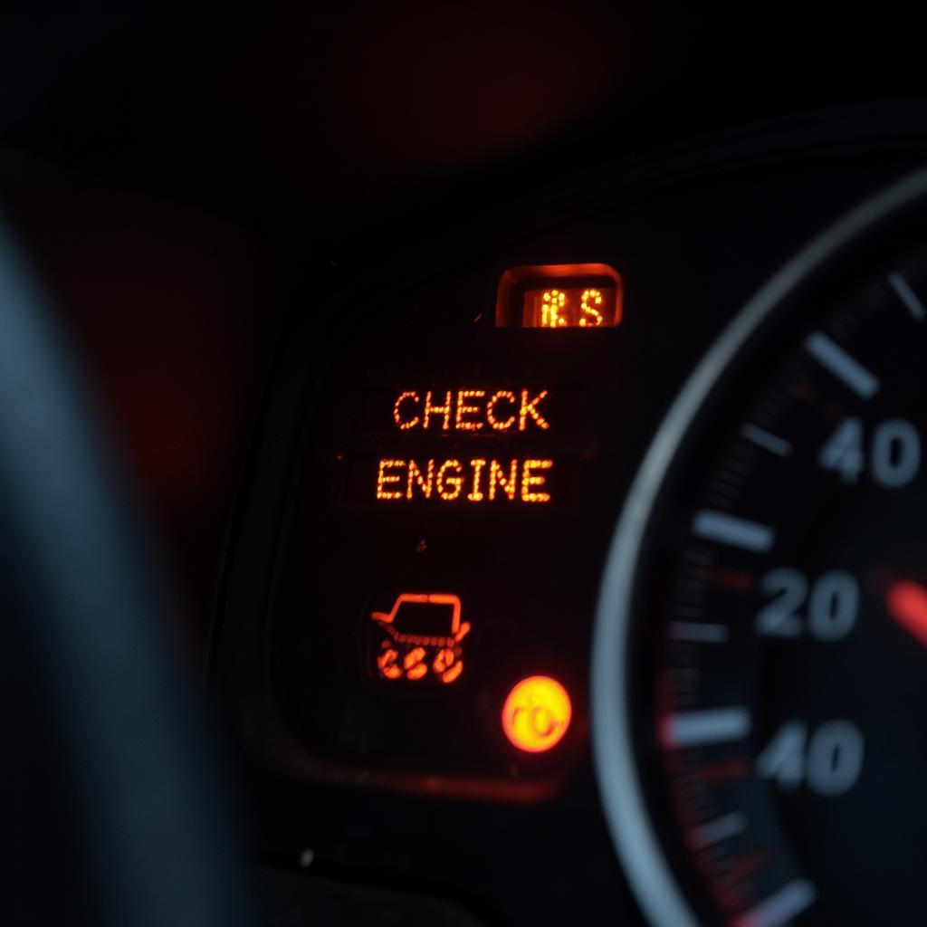 Car Dashboard with Illuminated Check Engine Light