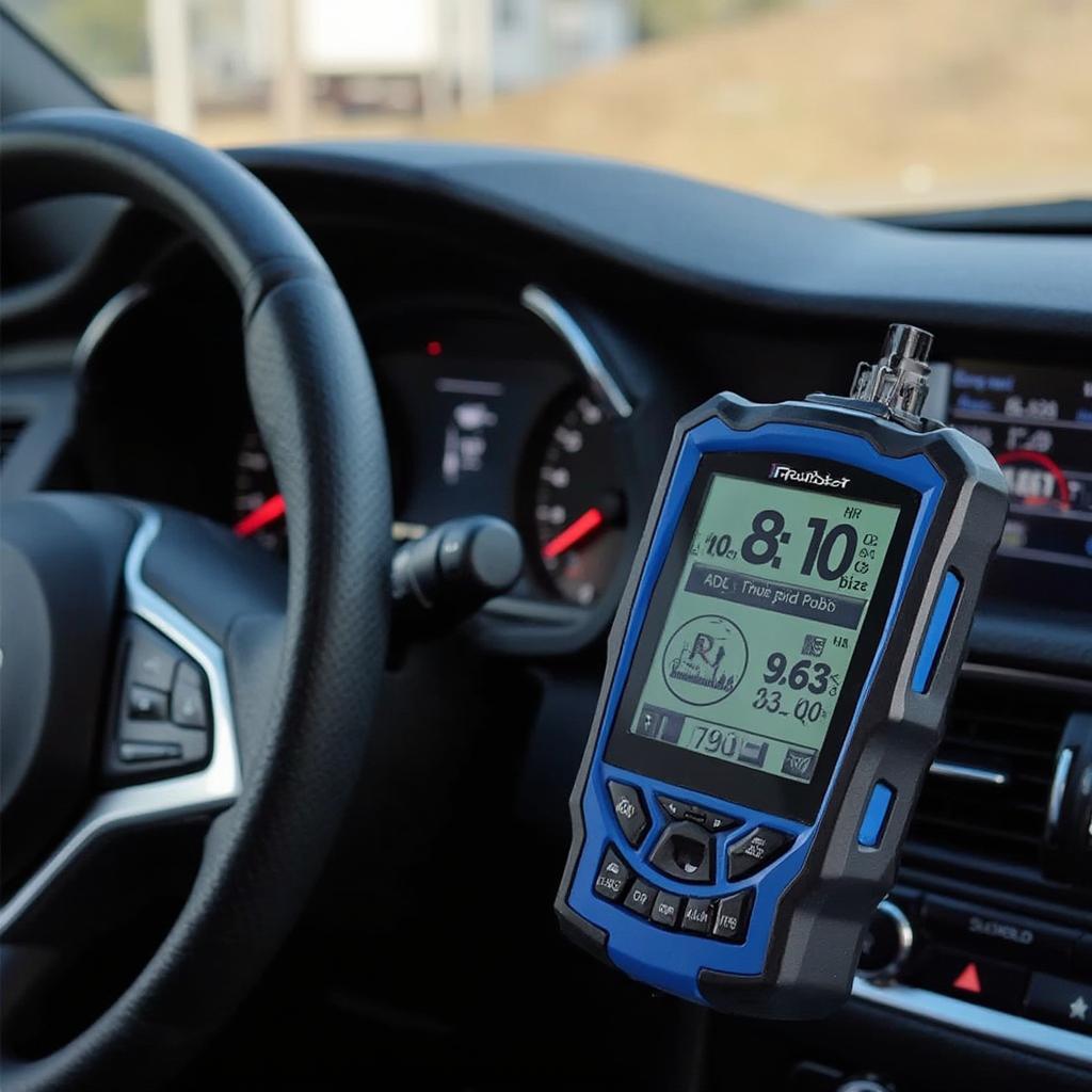 Car dashboard with OBD2 scanner displaying information.