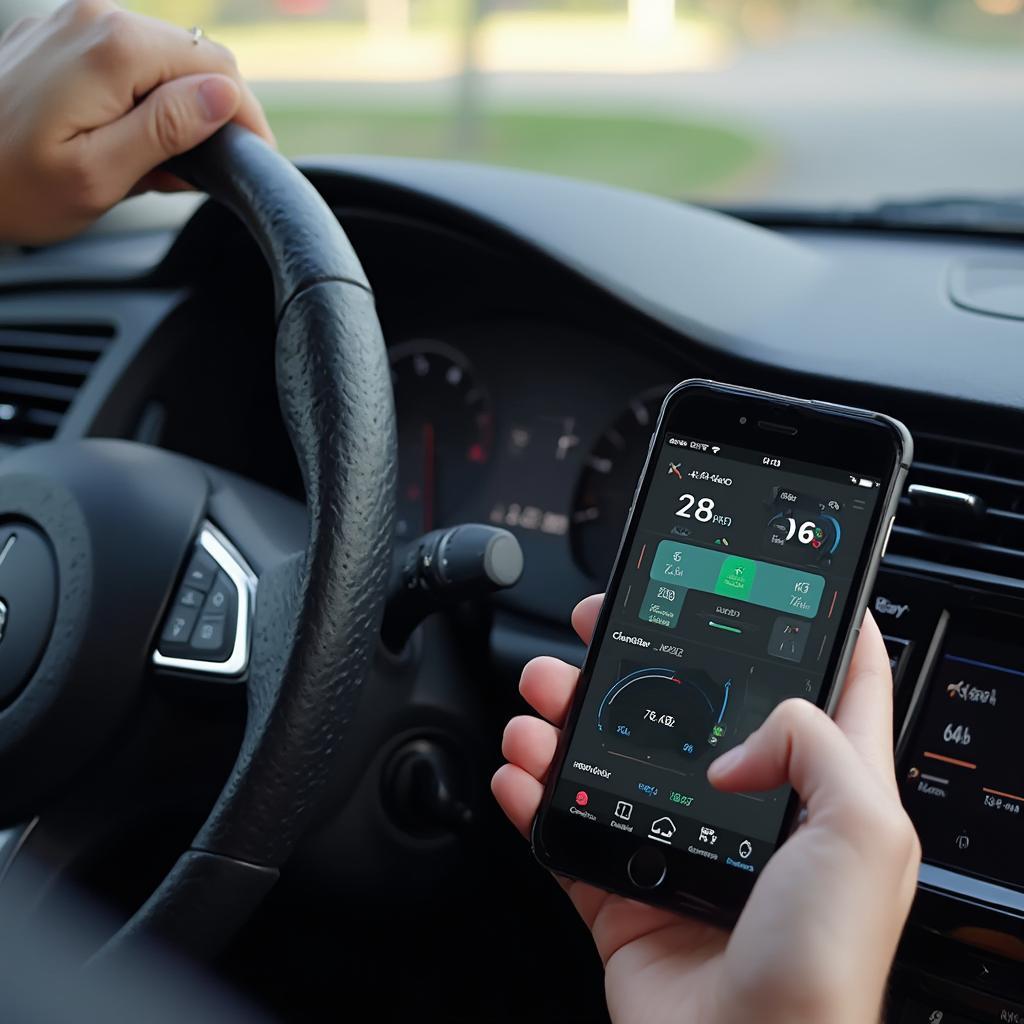 Smartphone connected to a car's OBD2 port via an adapter