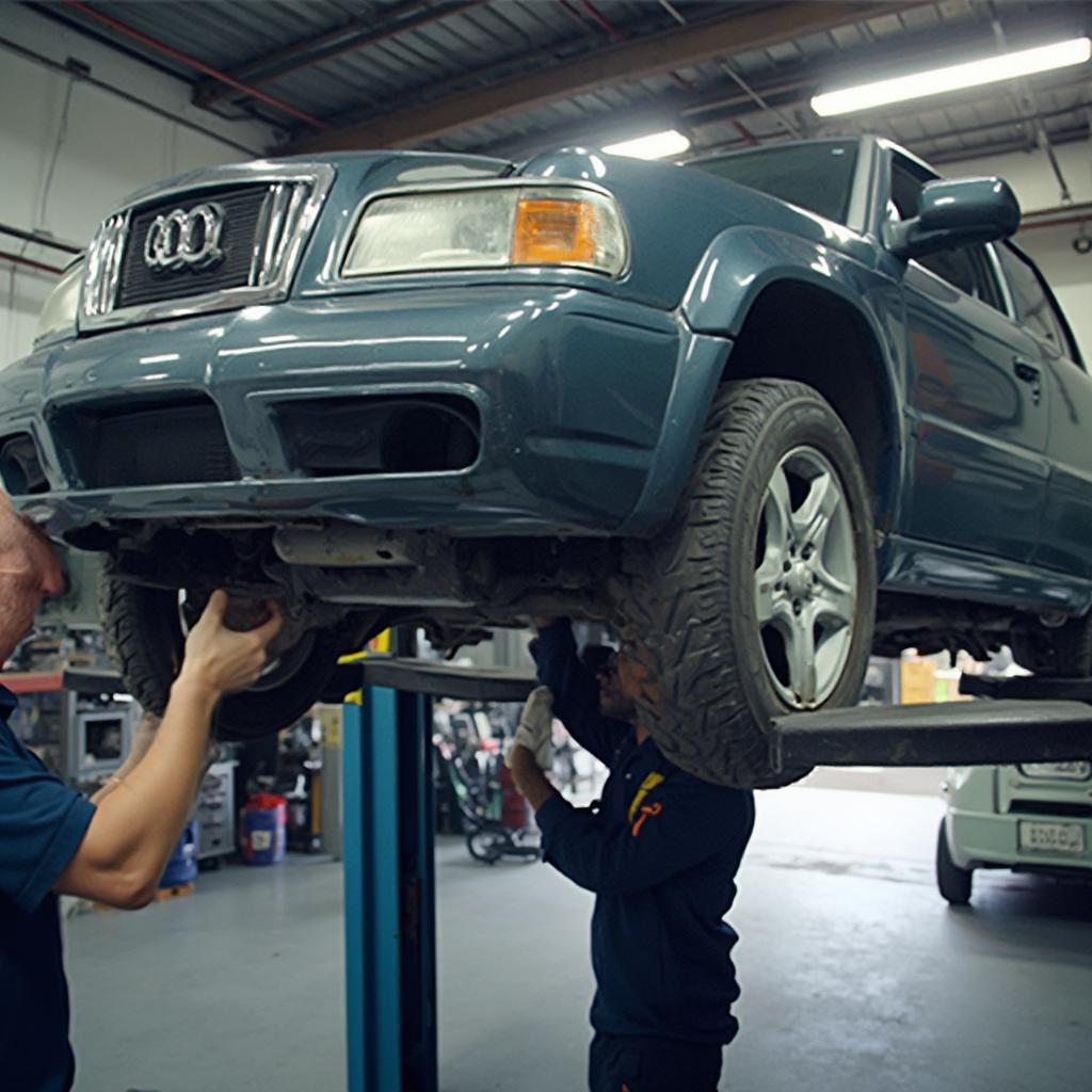 Car on a lift undergoing inspection