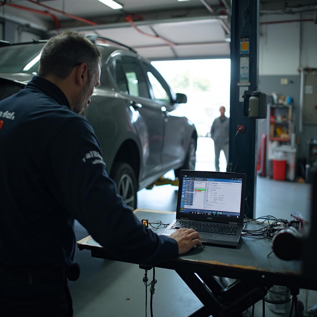 Mechanic Using OBD2 on Laptop