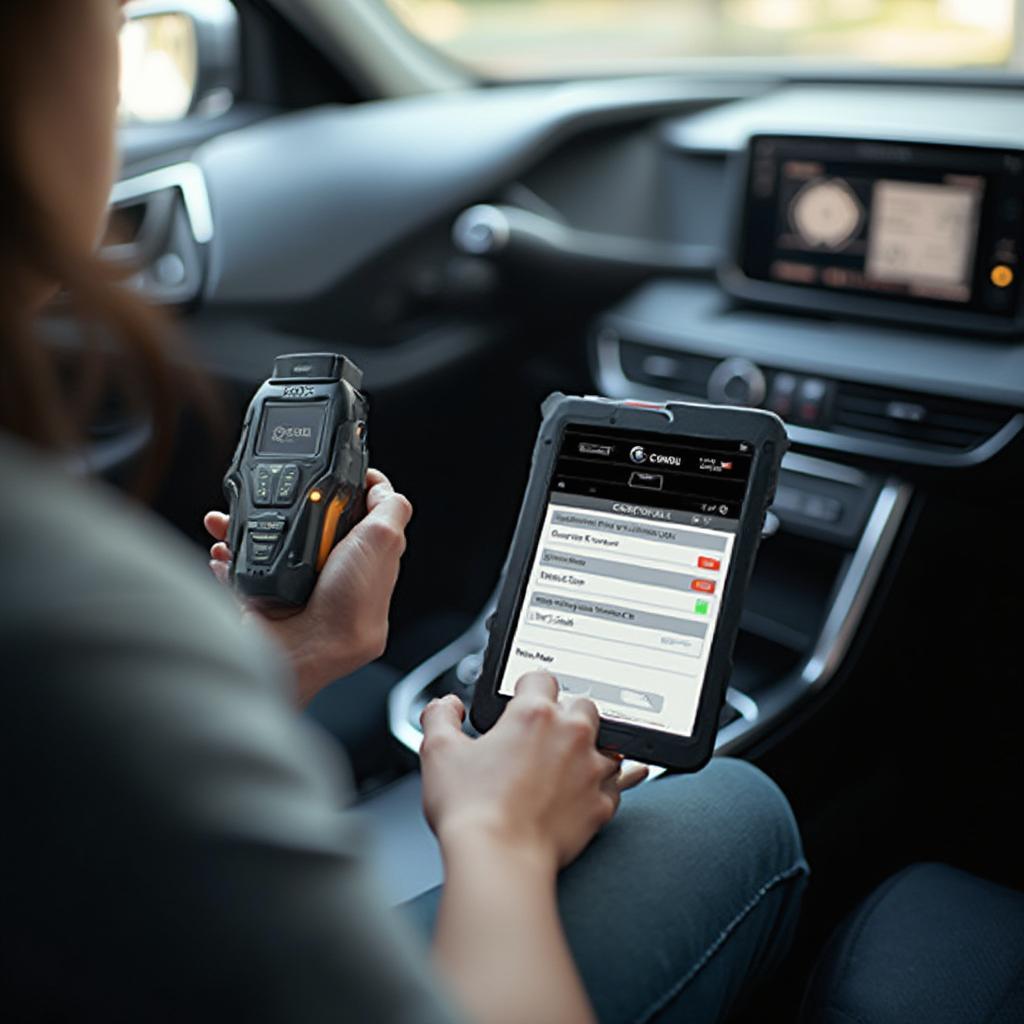 Car owner performing an OBD2 service reset using a wireless scanner