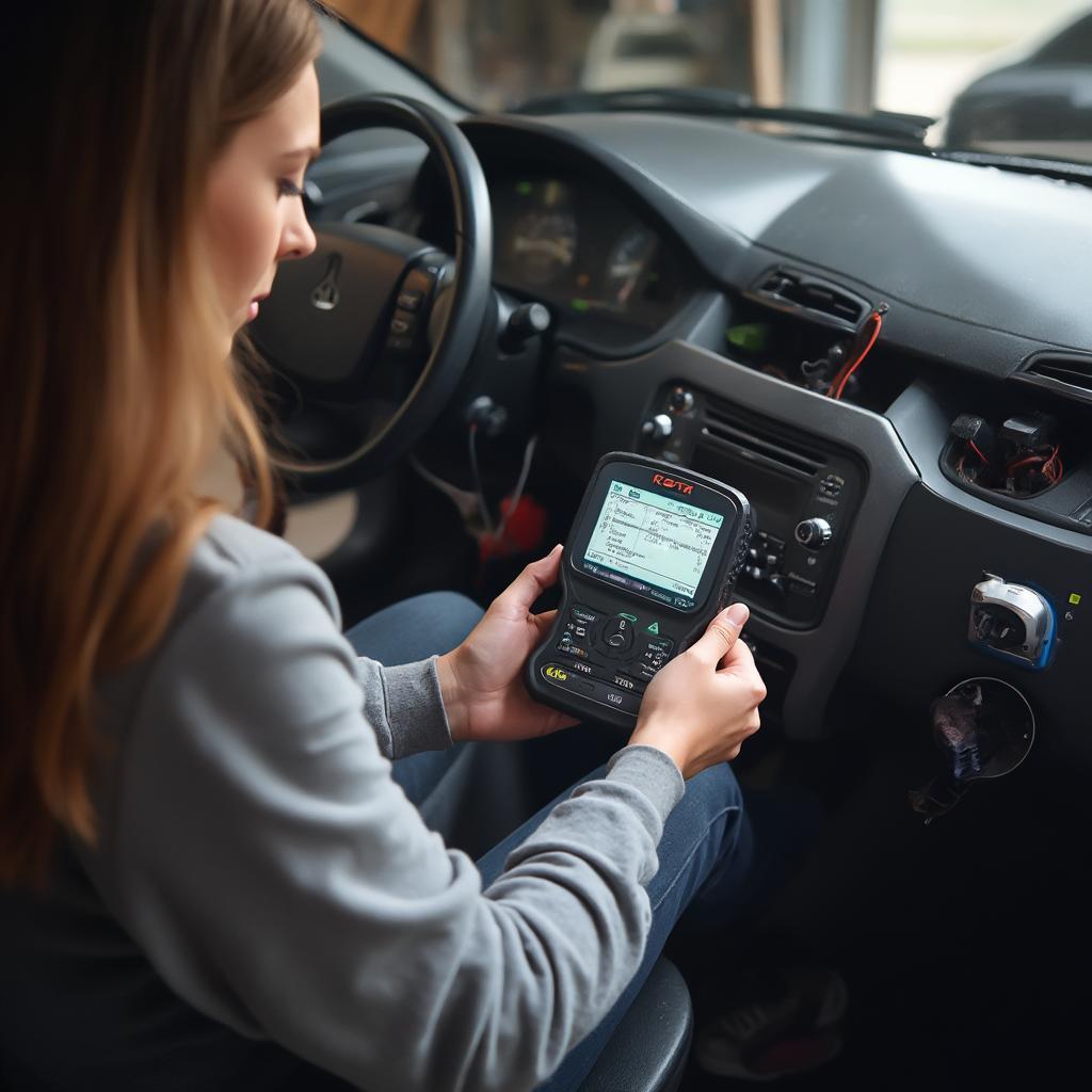 Car Owner Using OBD2 Scanner at Home