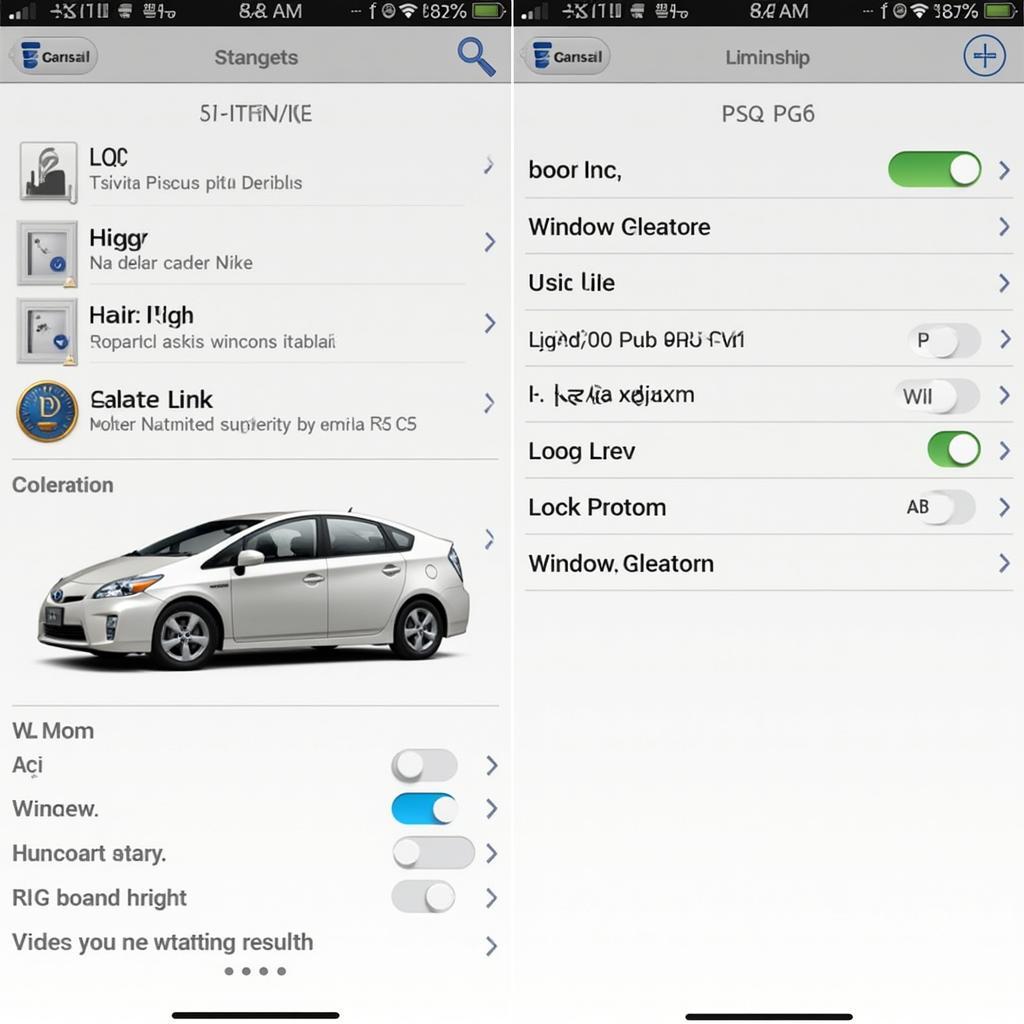 Carista App Interface Showing Customization Options for a 2011 Toyota Prius