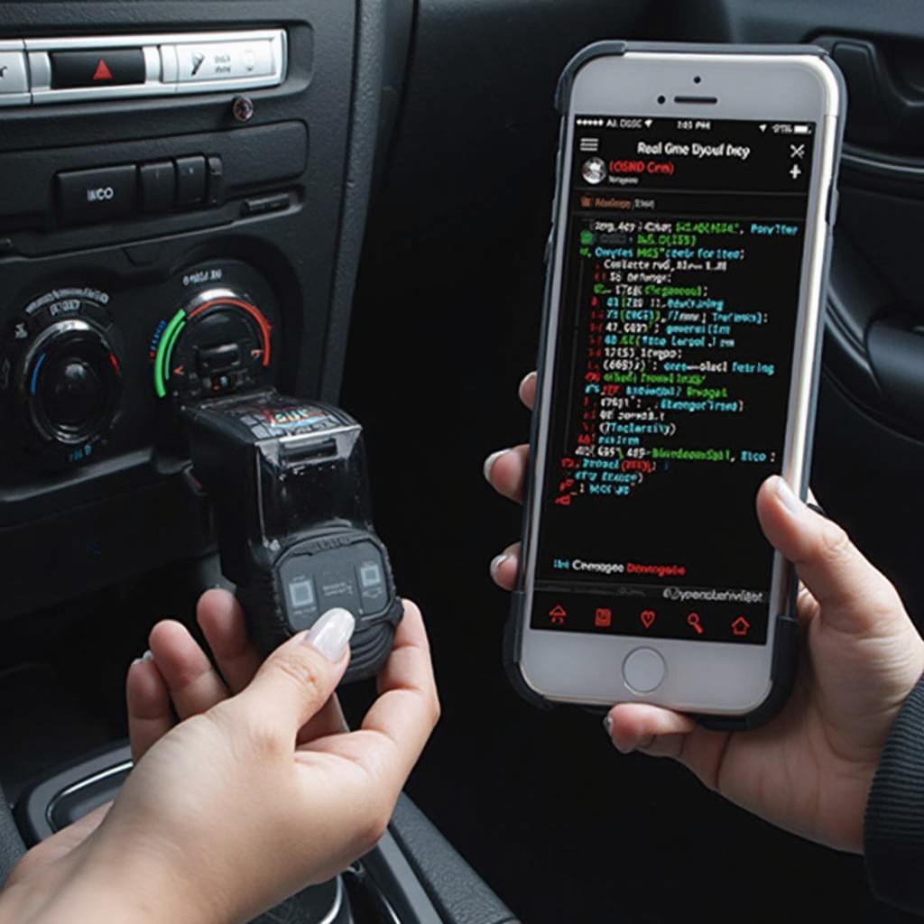 ccy obd2 stn1170 bluetooth scanner connected to a smartphone displaying diagnostic data