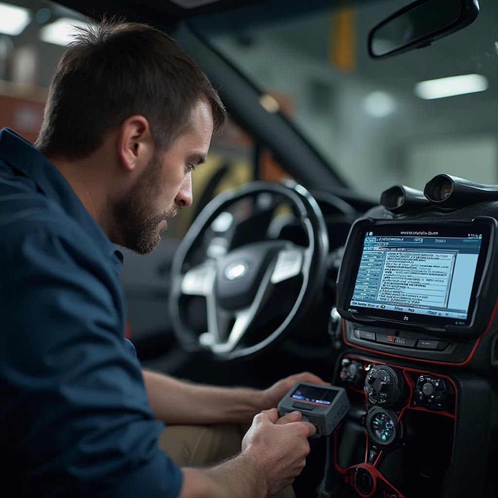 Mechanic Checking OBD2 Codes with Reader