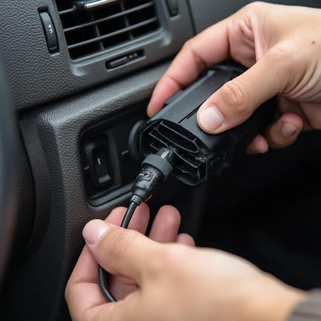 Close-up view of the OBD2 port and cable connection of a car, with hands inspecting for any damage or loose connection.