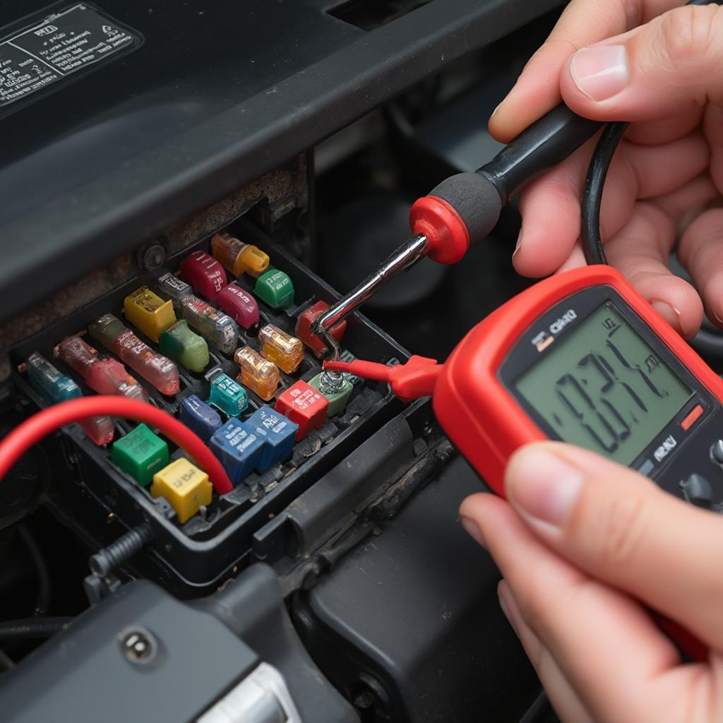 Checking Vehicle Fuse Box: A person is using a multimeter to check the continuity of a fuse in the vehicle's fuse box. The fuse box is open, and several fuses are visible.