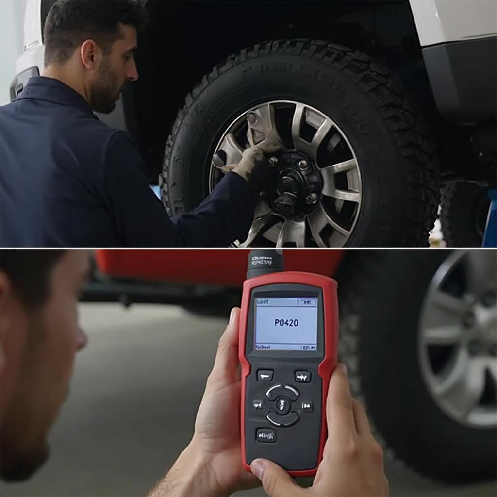 Mechanic inspecting the catalytic converter of a Chevy Colorado displaying a P0420 code