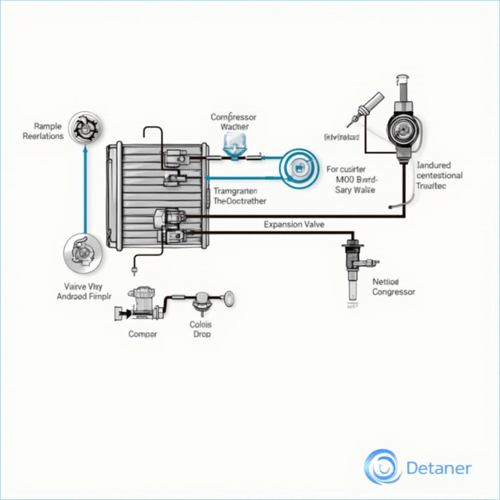 Diagram showing the various components of a car's climate control system, including the compressor, condenser, evaporator, and expansion valve.