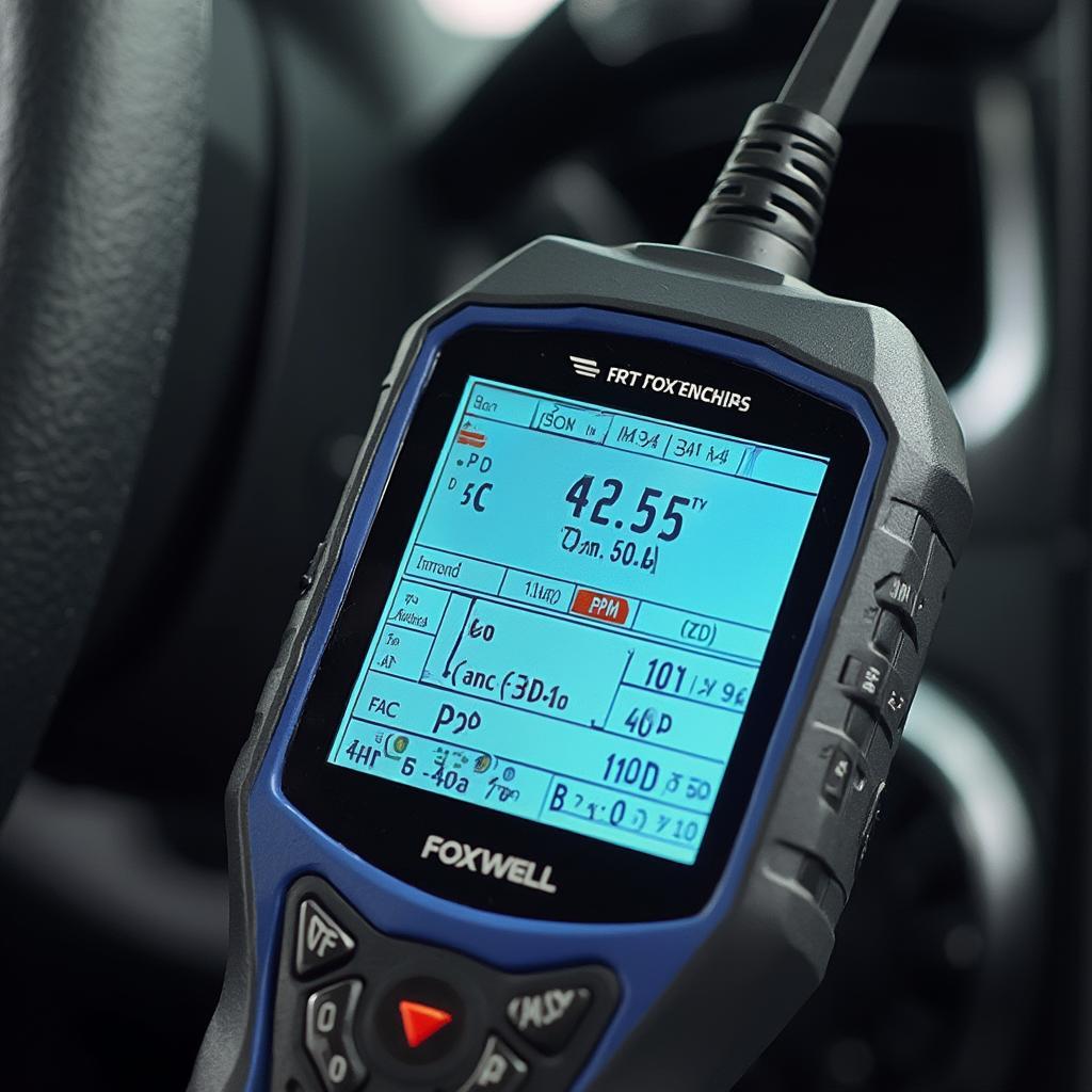 Close-up of Foxwell OBD2 Scanner Display Showing Live Data