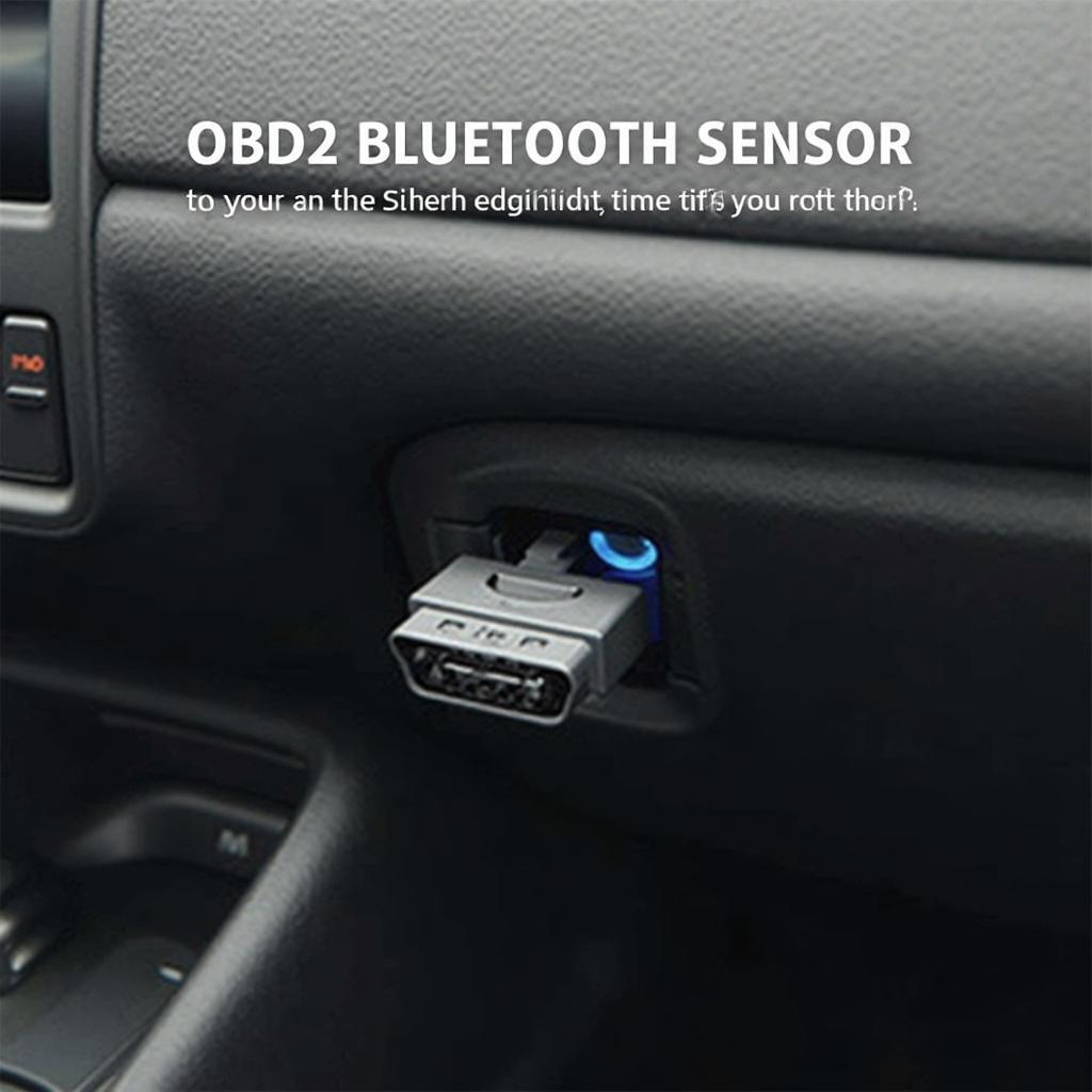 Close-up view of an OBD2 Bluetooth sensor plugged into a car's OBD2 port