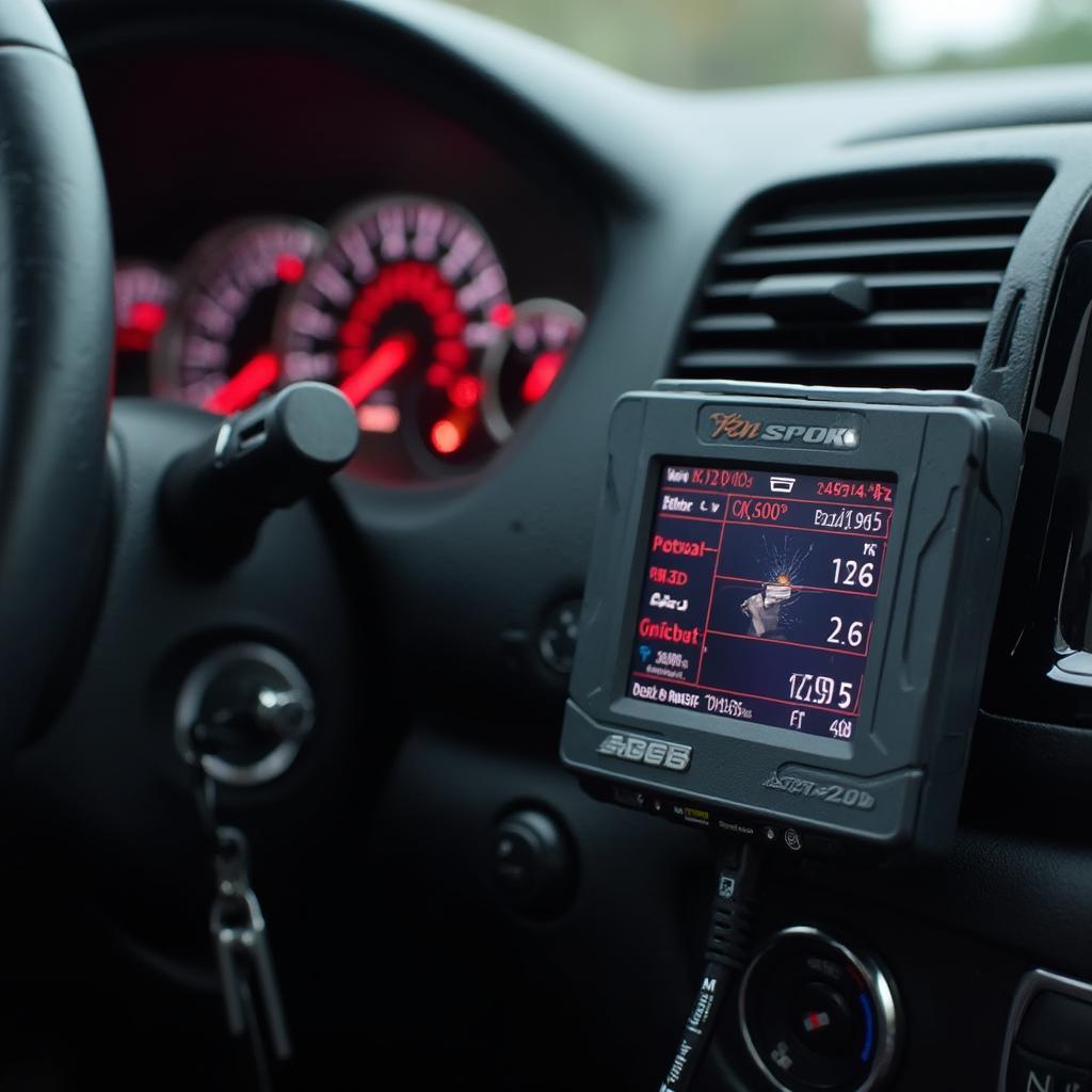 Cobb Tuning OBD2 device plugged into a car's OBD2 port, displaying performance data on its screen.