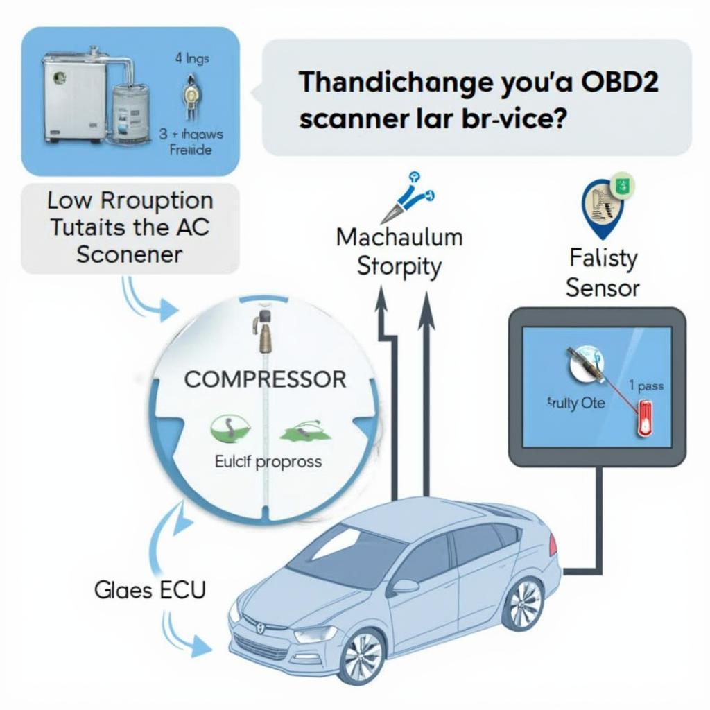 Diagram illustrating common AC problems detectable by an OBD2 scanner, including low refrigerant, faulty compressor, and sensor issues.