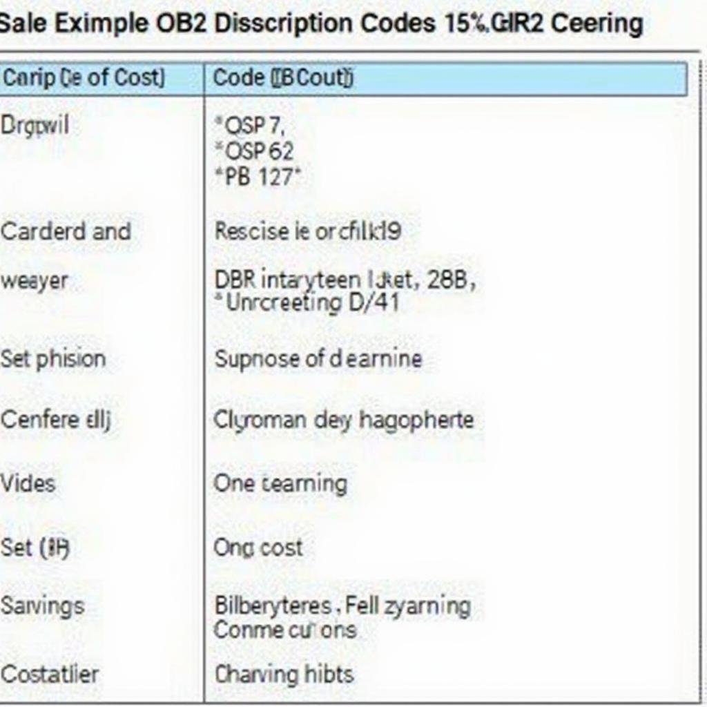 Table of Common Cmax Mk2 OBD2 Codes