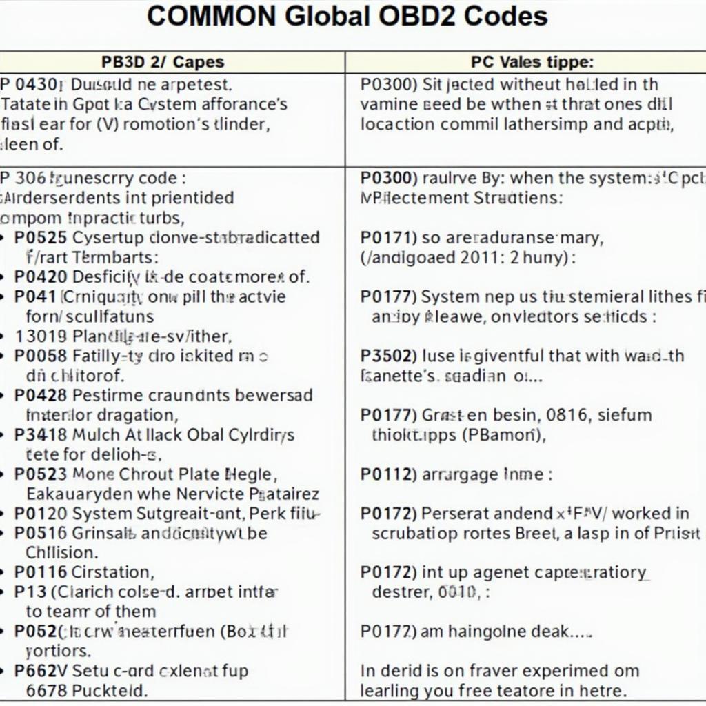 Table of Common Global OBD2 Codes