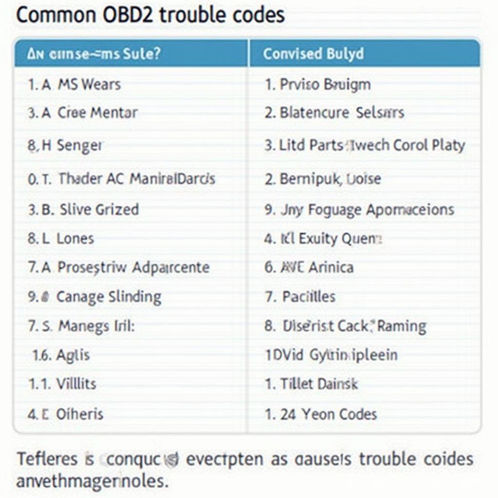 Chart Showing Common OBD2 Codes and Their Meanings