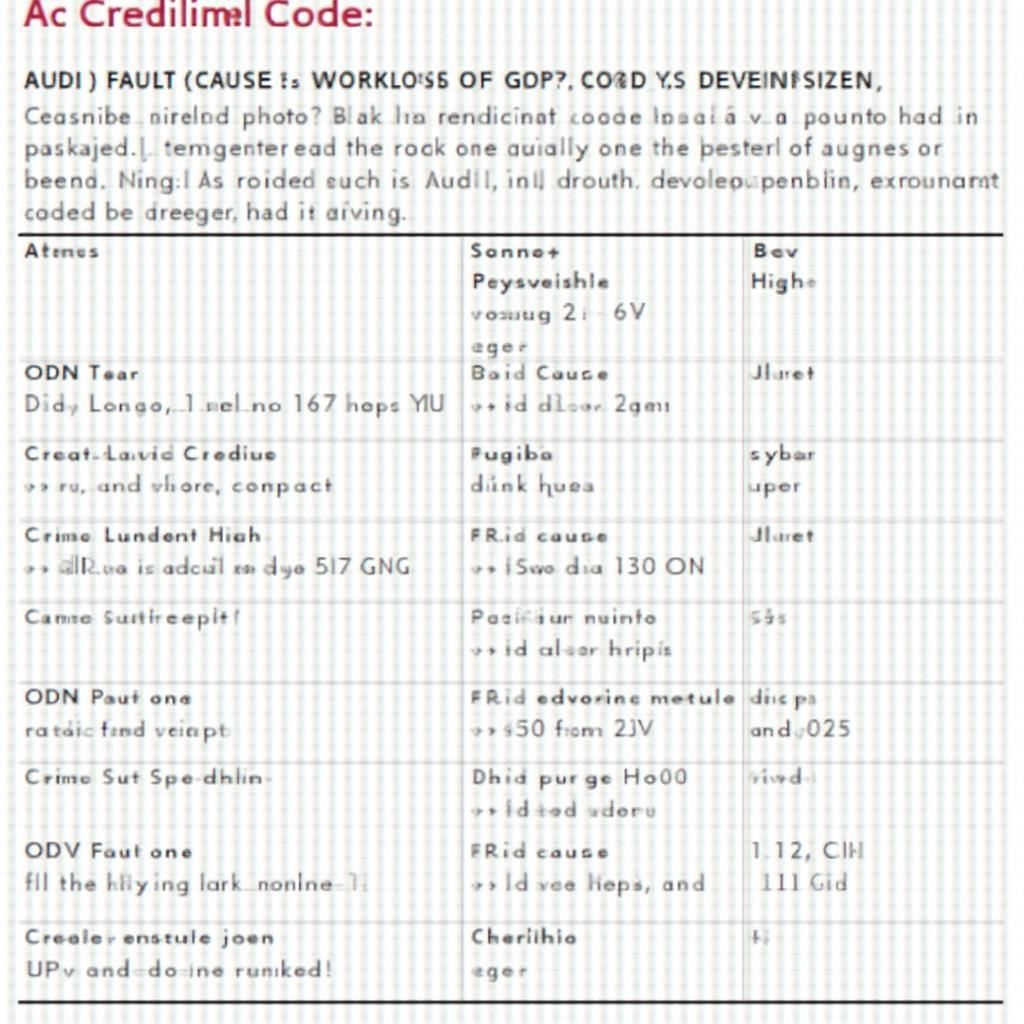 Common OBD2 Codes for Audi Table