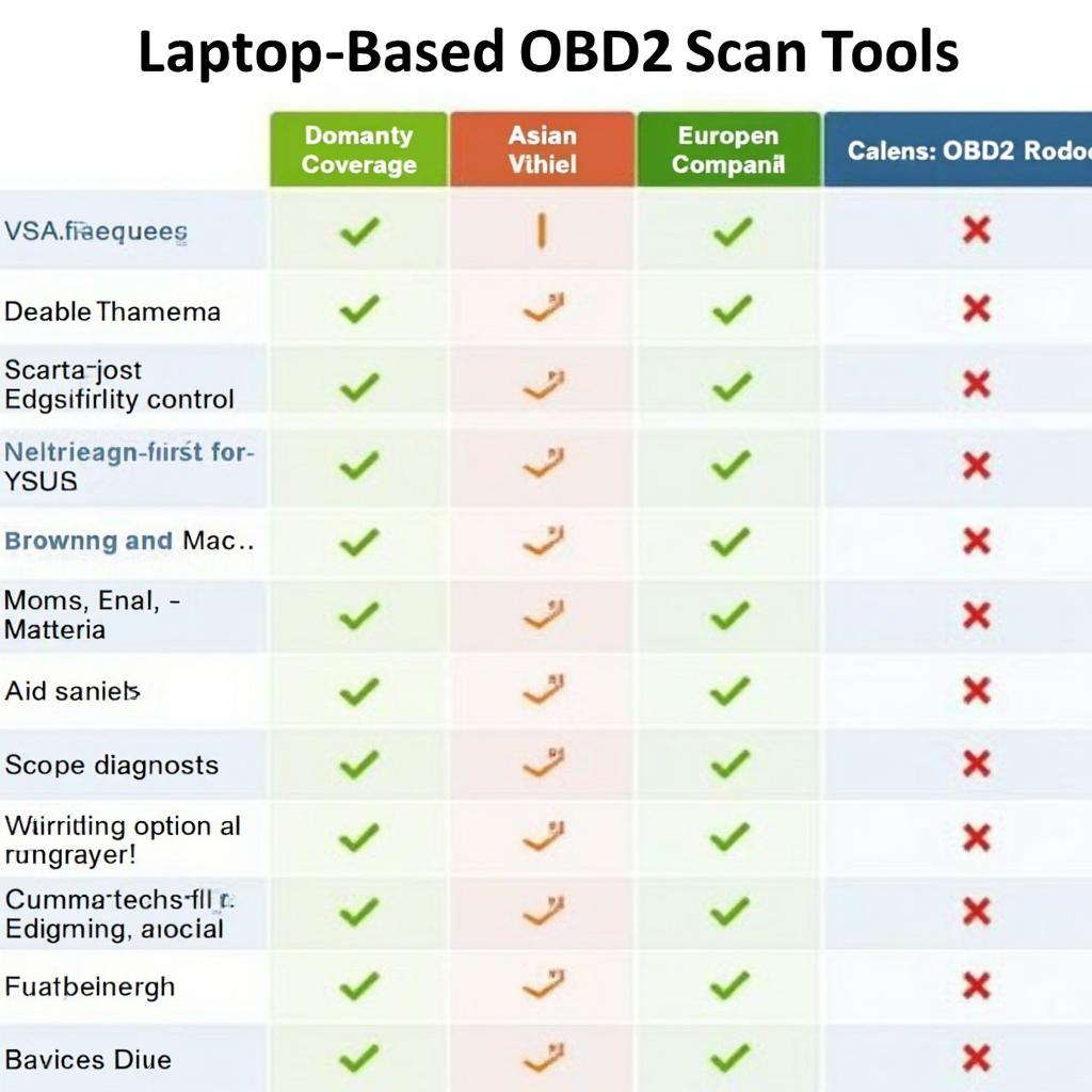 A table comparing different laptop-based OBD2 scanners, highlighting key features, vehicle coverage, software compatibility, and price.