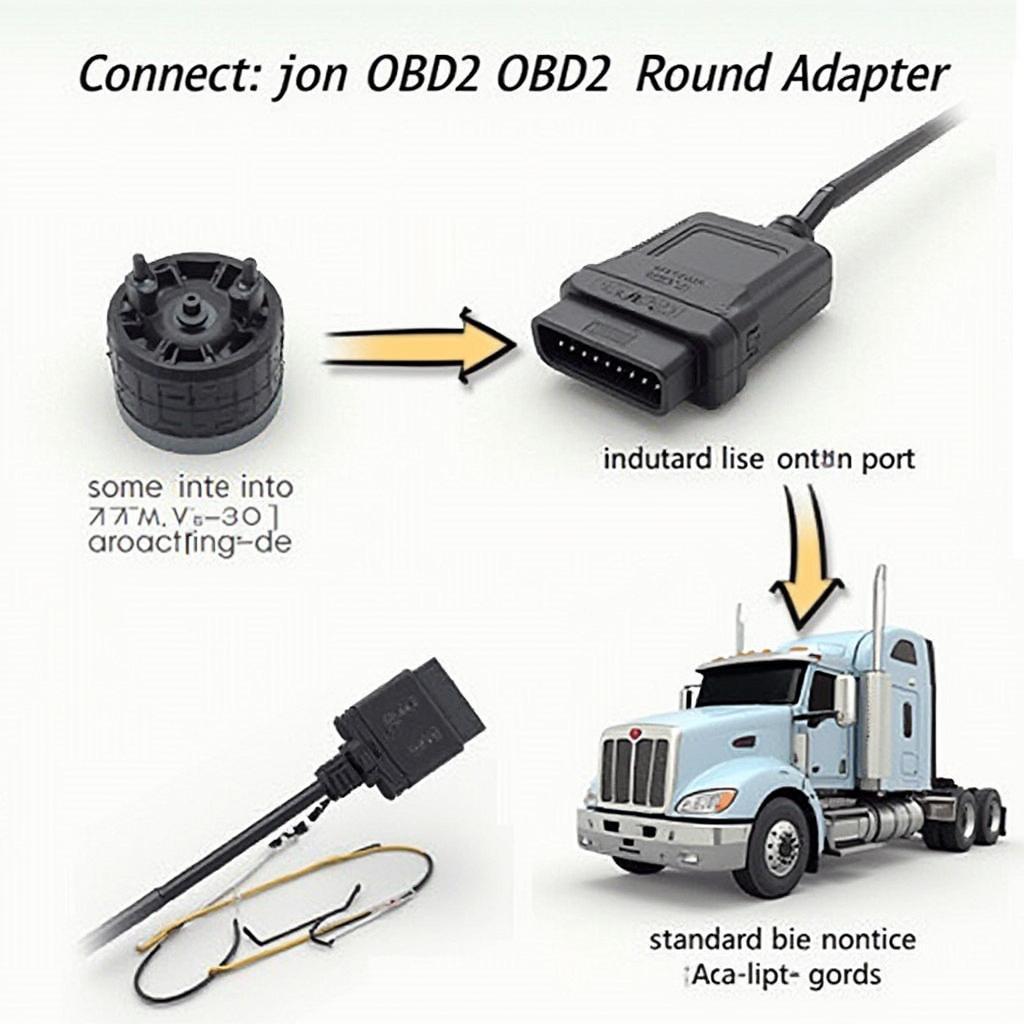 Connecting an OBD2 round adapter to a diagnostic scanner in a diesel truck.