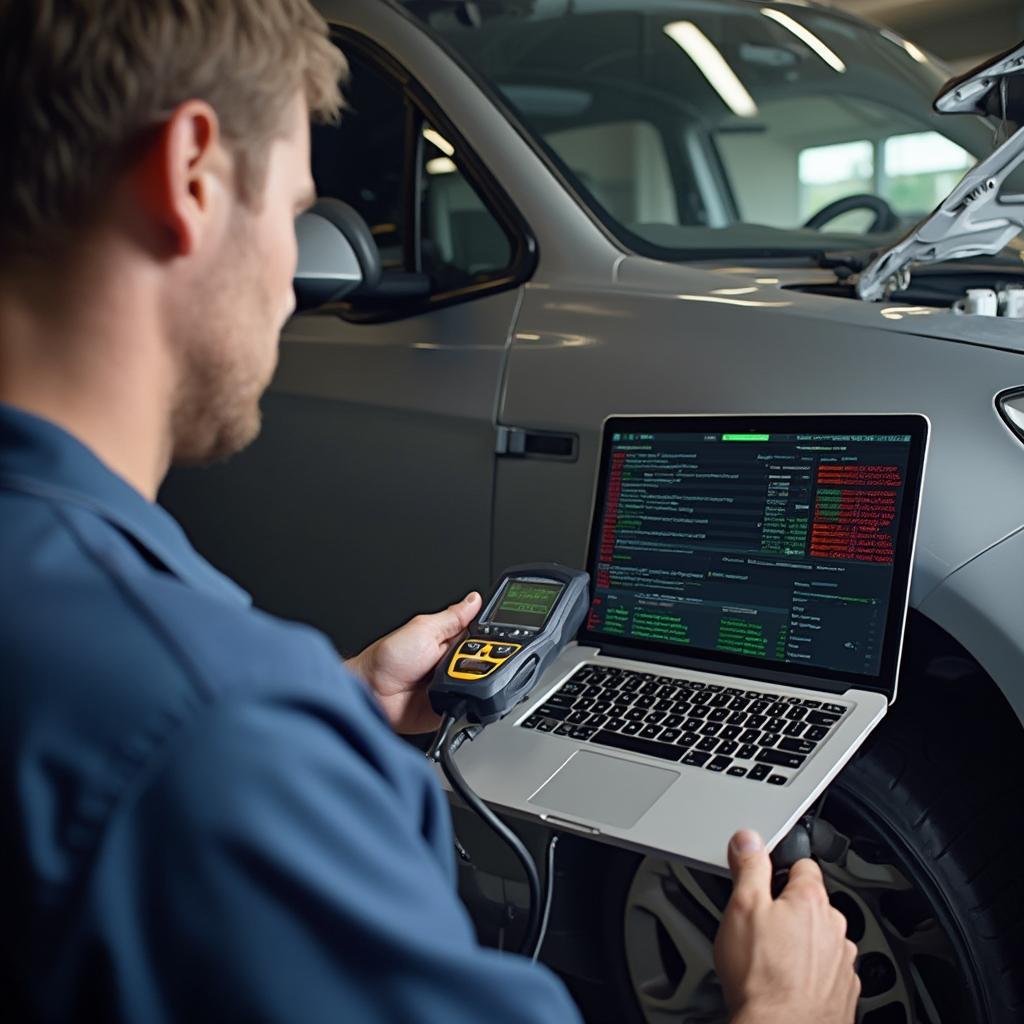 Mechanic Using a Corded OBD2 Scanner in a Garage