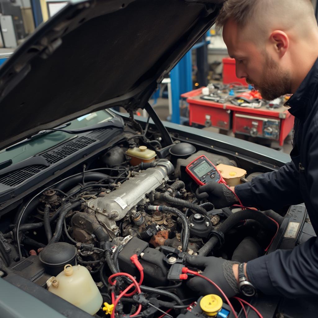 A mechanic diagnosing trouble codes on a 93 Ford Mustang