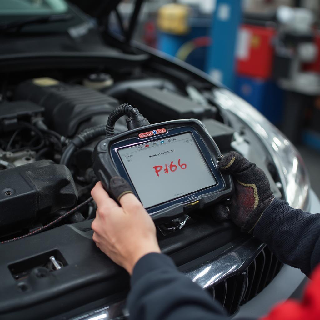 Diagnosing the OBD2 P0606 Code: A mechanic using an OBD2 scanner to diagnose the P0606 code in a car's engine compartment.