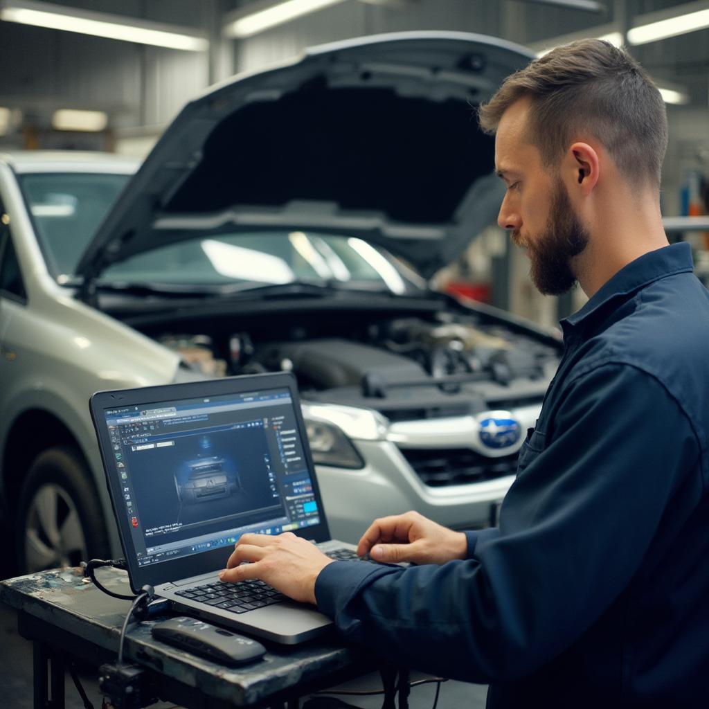 Mechanic Diagnosing Subaru Diesel OBD2 Codes