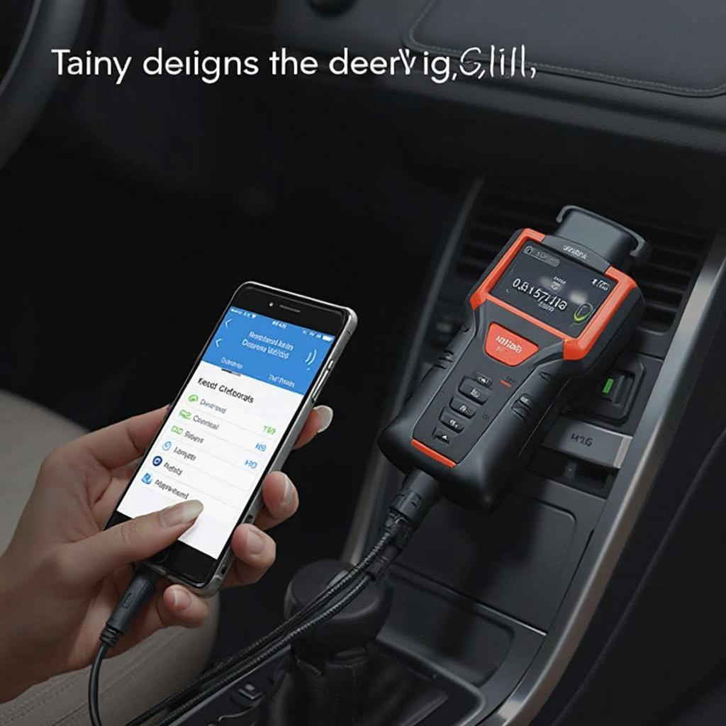 OBD2 scanner connected to a car's port, displaying diagnostic data on a smartphone.