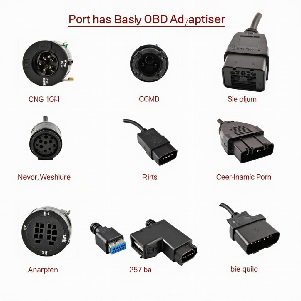 Different types of diesel truck diagnostic ports and their corresponding OBD2 round adapters.