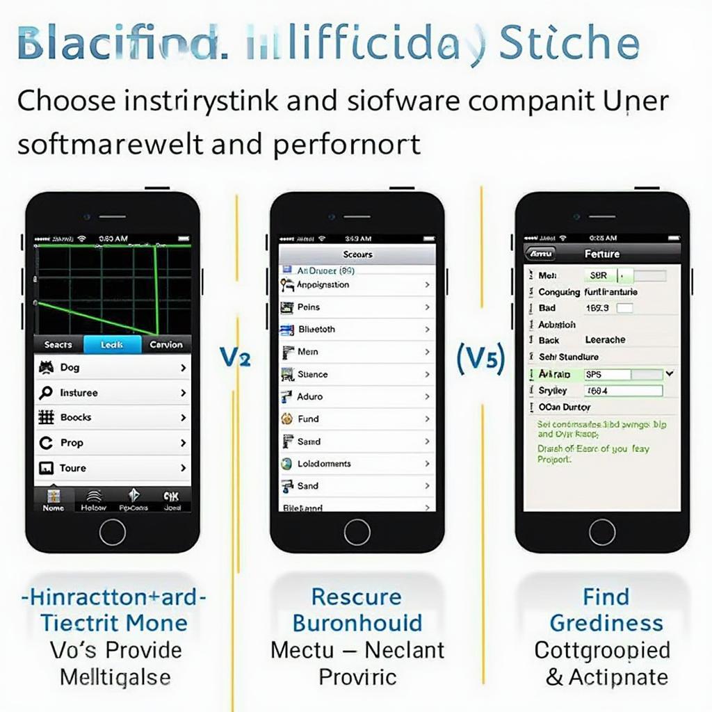 Comparison of various OBD2 Bluetooth software interfaces displayed on a smartphone, highlighting different features and layouts.