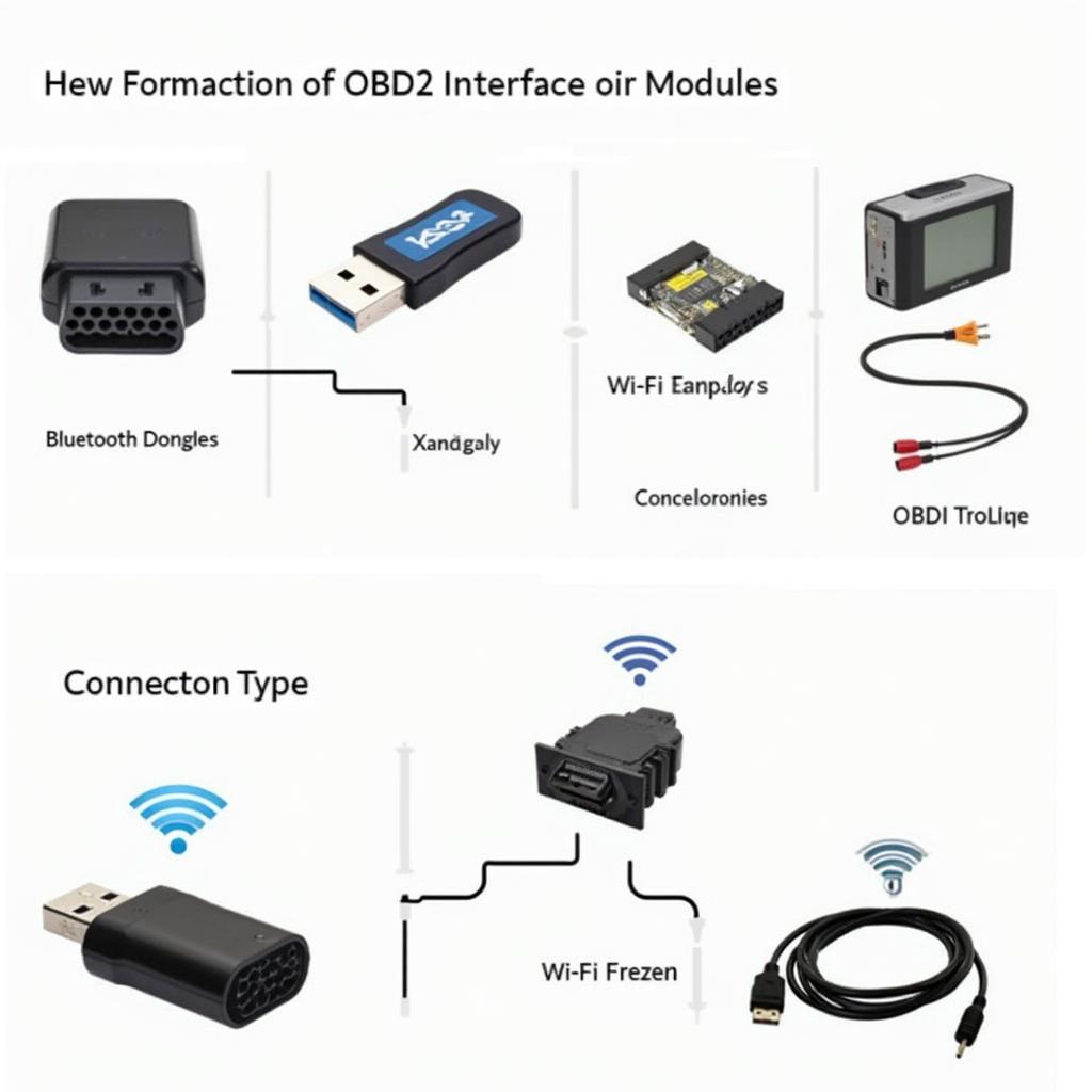 Various types of OBD2 interface modules, including Bluetooth and Wi-Fi adapters