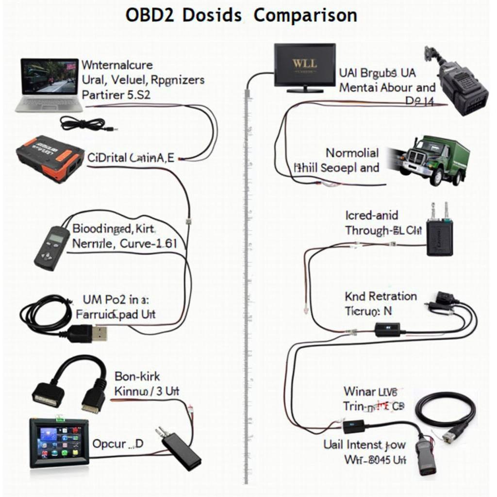 A selection of various cheap bi-directional OBD2 scanners, highlighting their different sizes, features, and connection types.