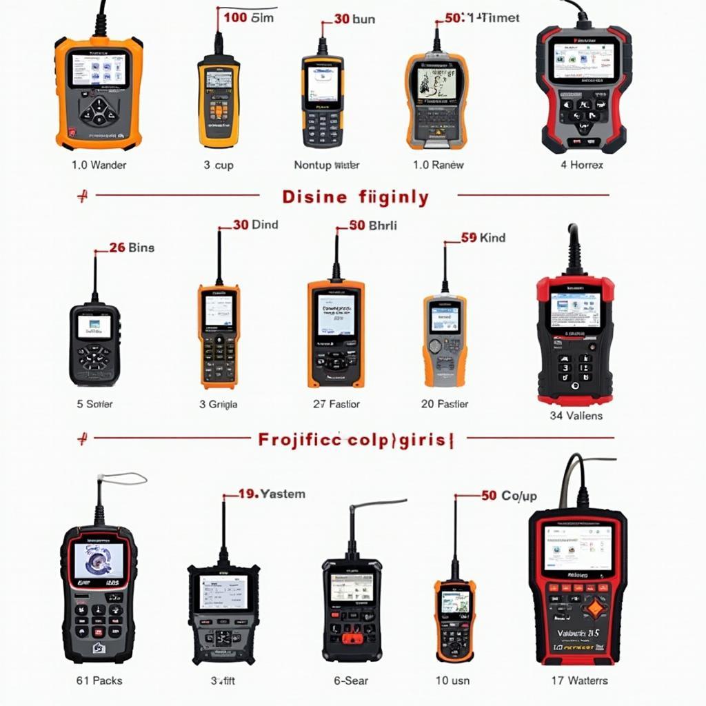 Various OBD2 scanners, from basic code readers to professional scan tools, are displayed on a workbench.