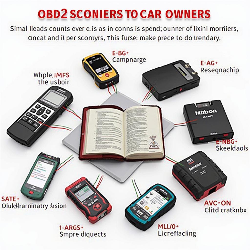 Various OBD2 scanners, ranging from basic code readers to advanced professional diagnostic tools, laid out on a workbench.