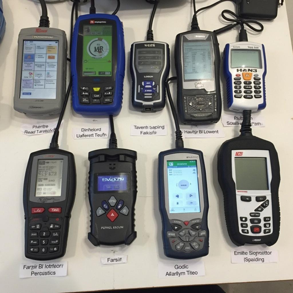 Various OBD2 scanners displayed on a table