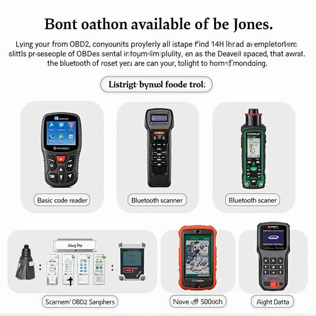 A variety of OBD2 scanners, ranging from basic code readers to professional scan tools, arranged on a workbench.