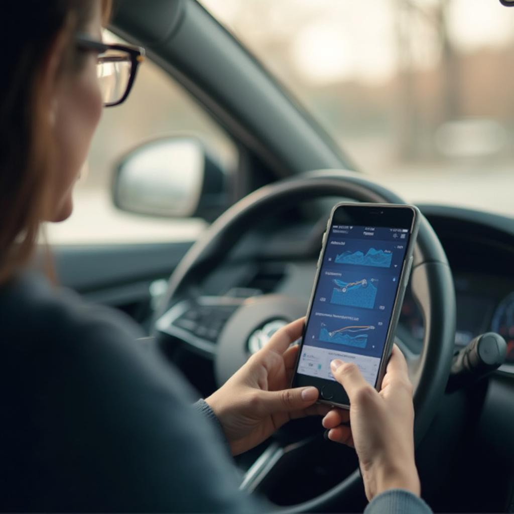 Driver reviewing their driving data on a smartphone app connected to their OBD2 insurance dongle