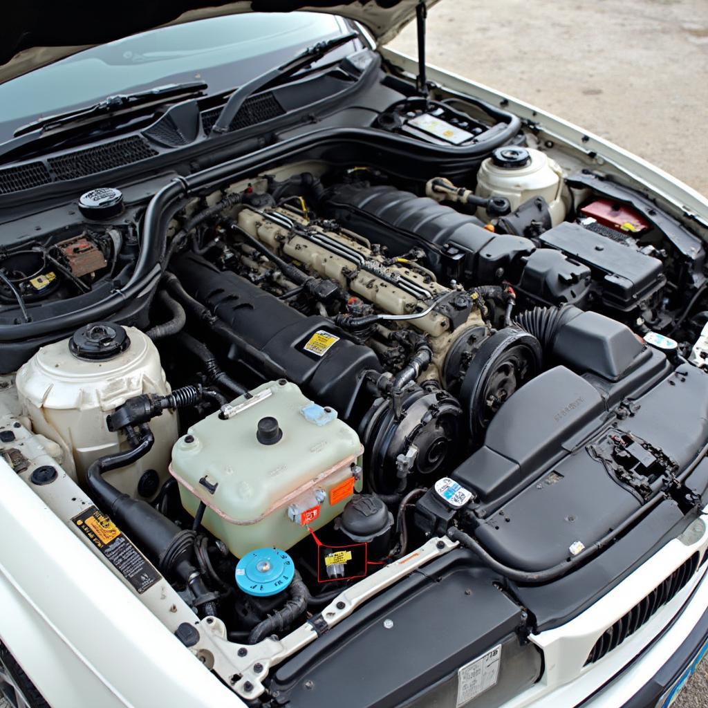 E34 Engine Bay with Highlighted Components