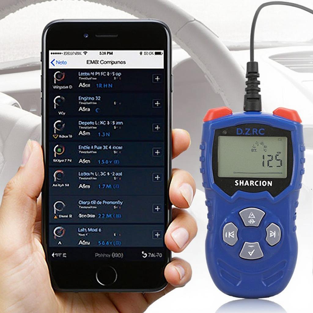 ELM327 OBD2 Scanner Displaying Diagnostics on Smartphone