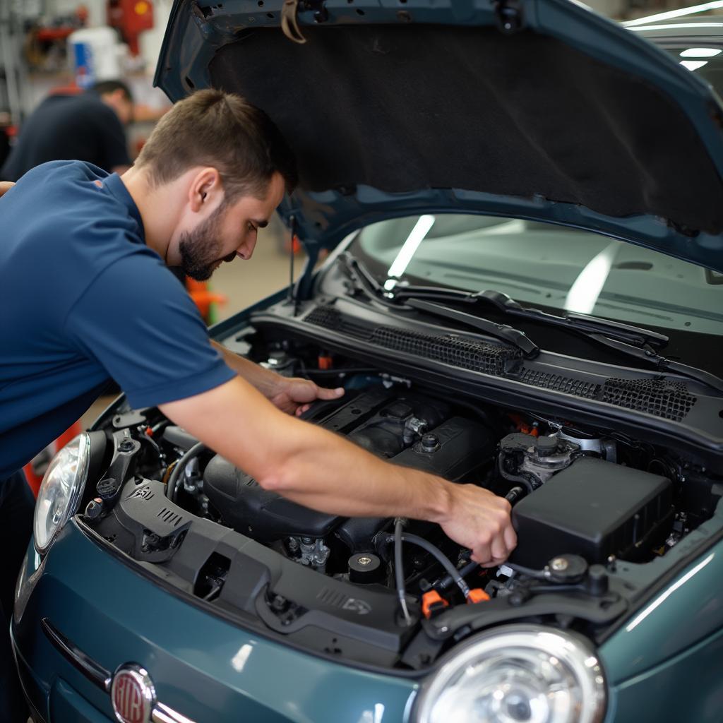 Inspecting a Fiat 500's Engine Compartment