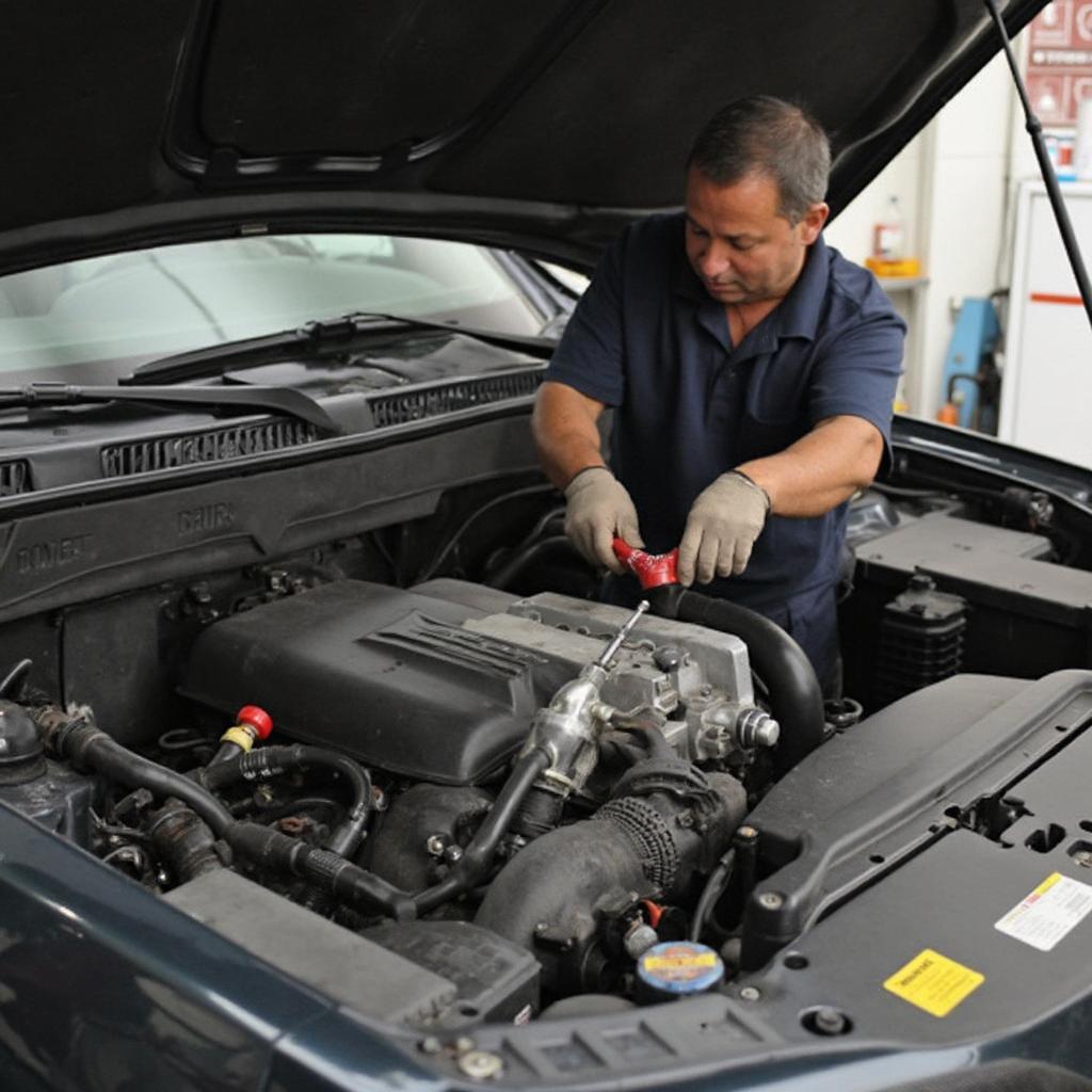 Mechanic repairing a faulty EVAP line on a Chevy engine.