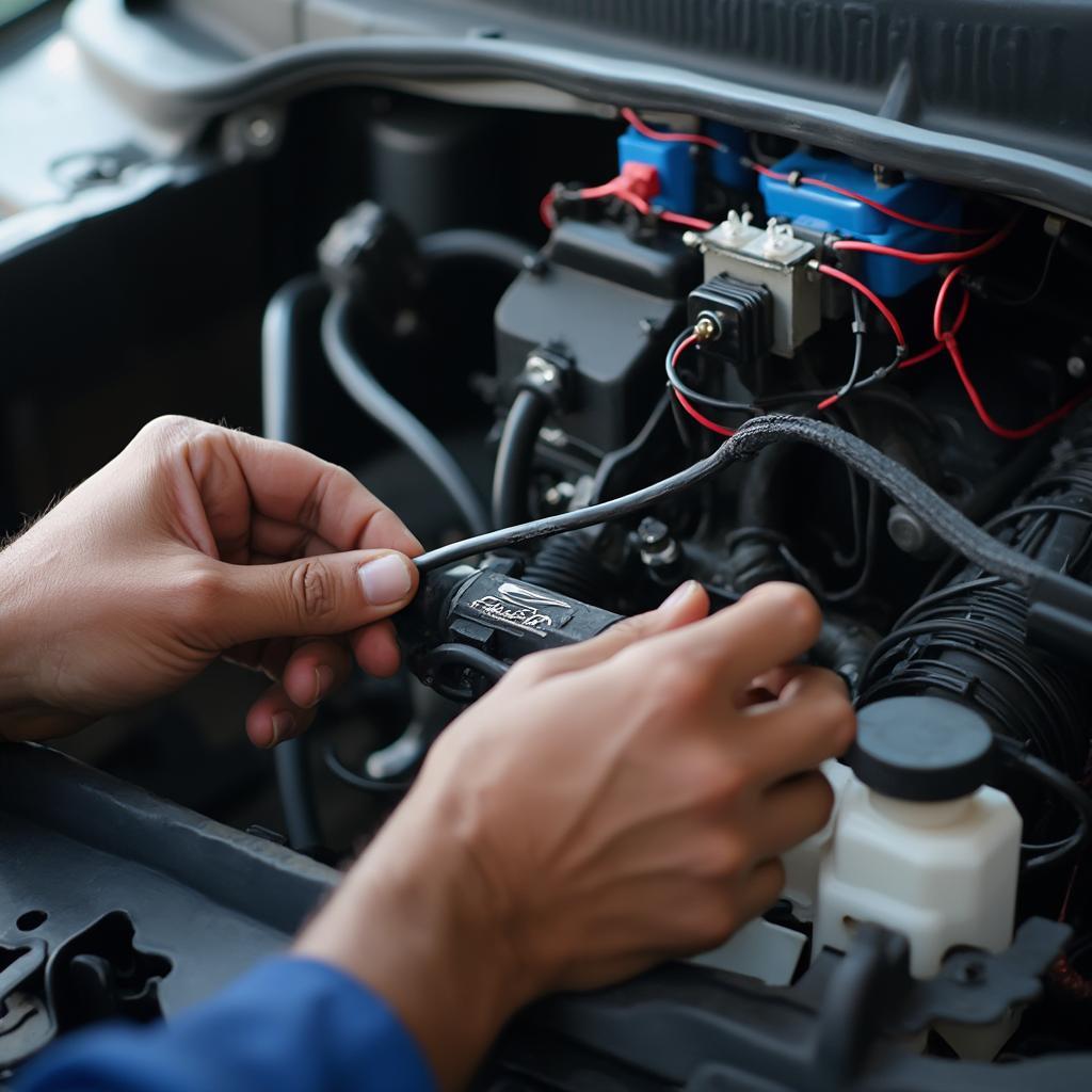 Ford Mechanic Inspecting Wiring Harness