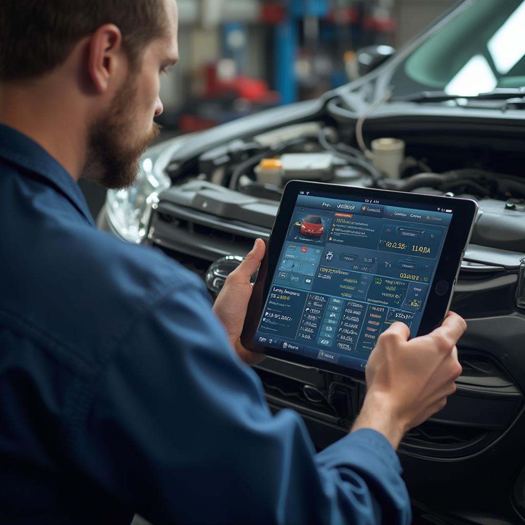 Ford Mechanic Using OBD2 Bluetooth Scanner for Diagnostics