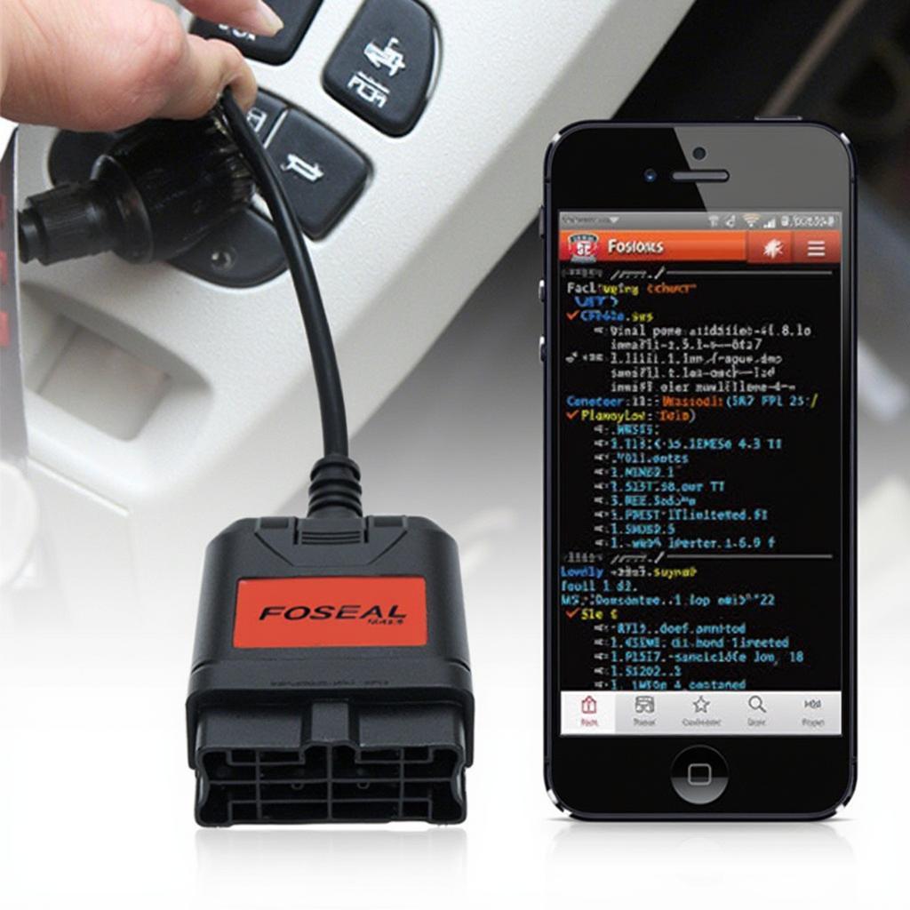 Foseal OBD2 Bluetooth scanner plugged into a car's OBD2 port and connected to a smartphone displaying diagnostic data.