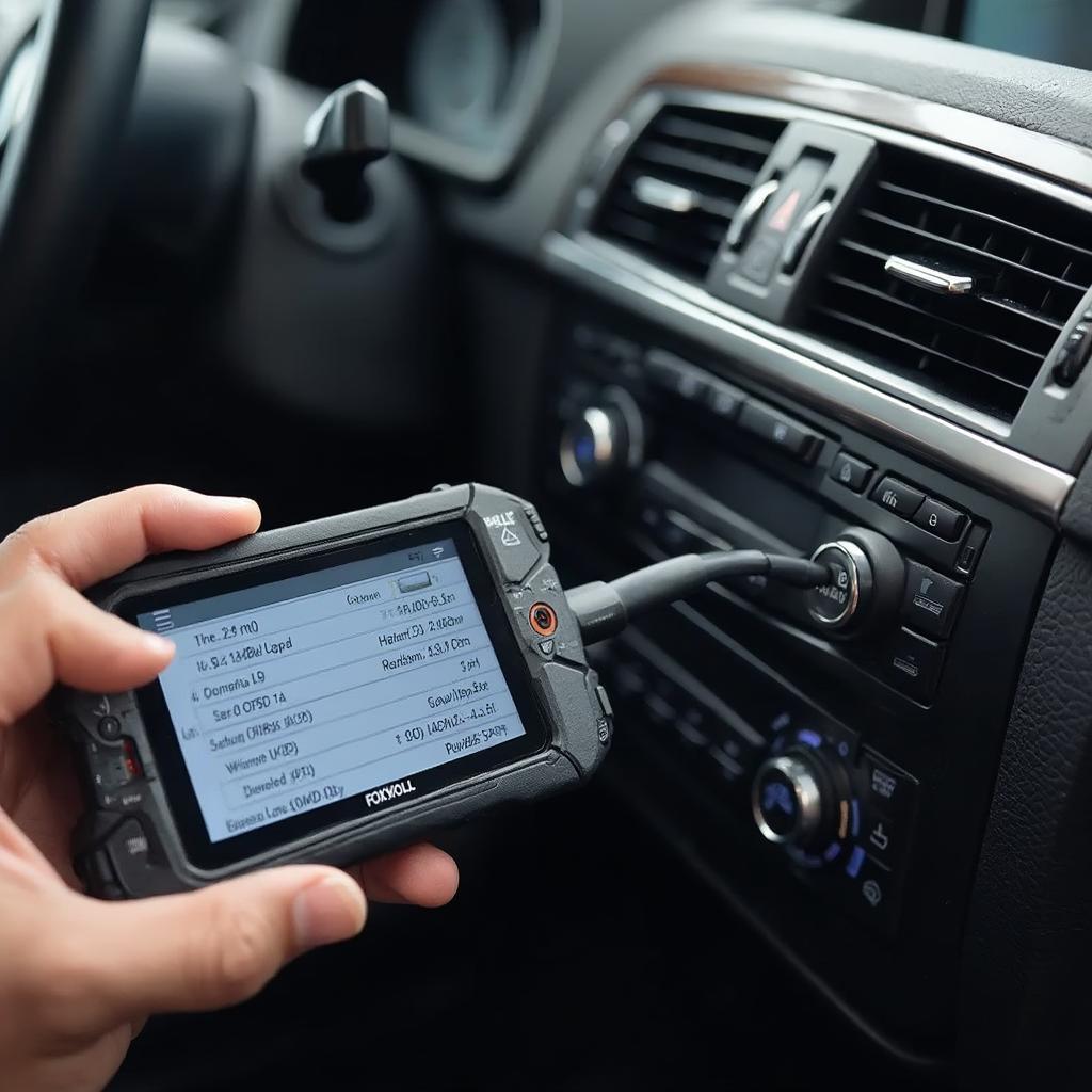 Foxwell OBD2 Scanner Connected to a BMW Dashboard