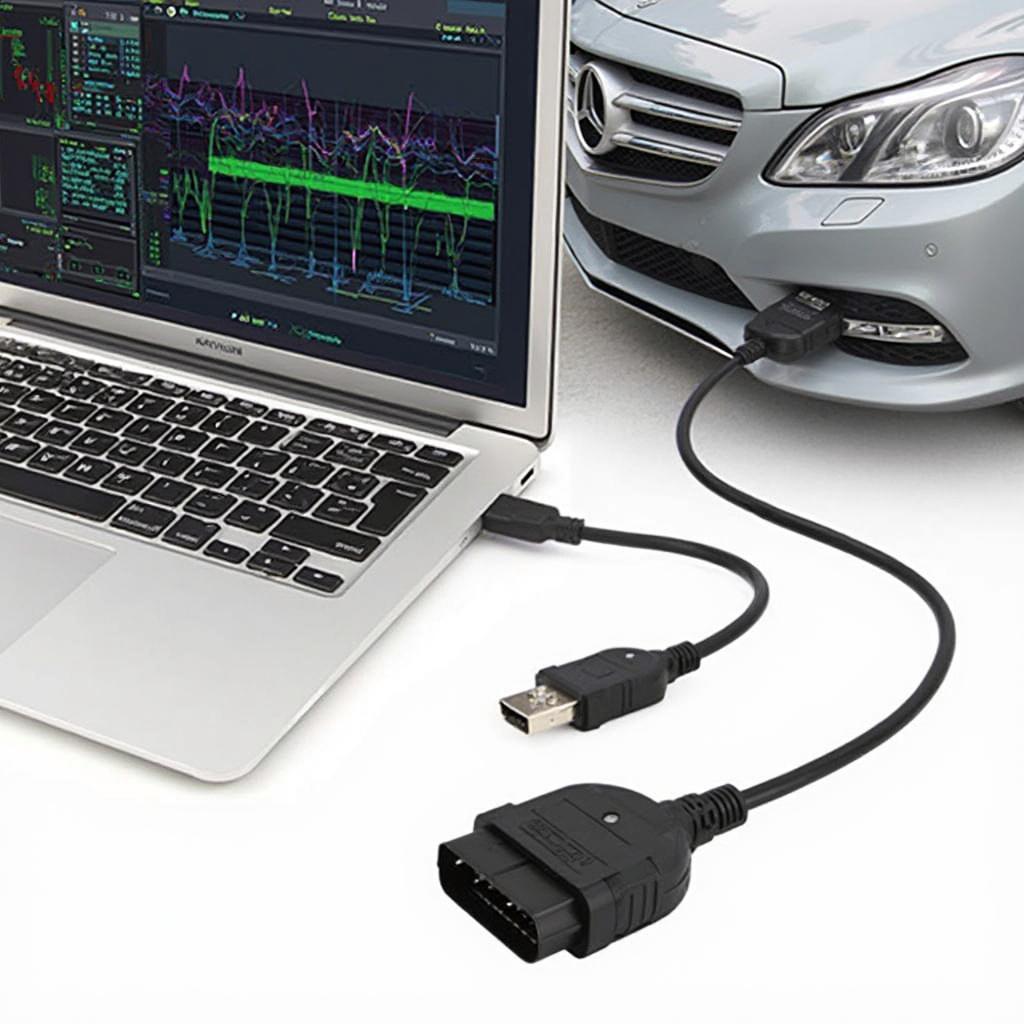 Laptop displaying diagnostic software connected to a car via an OBD2 cable with FTDI Chipset