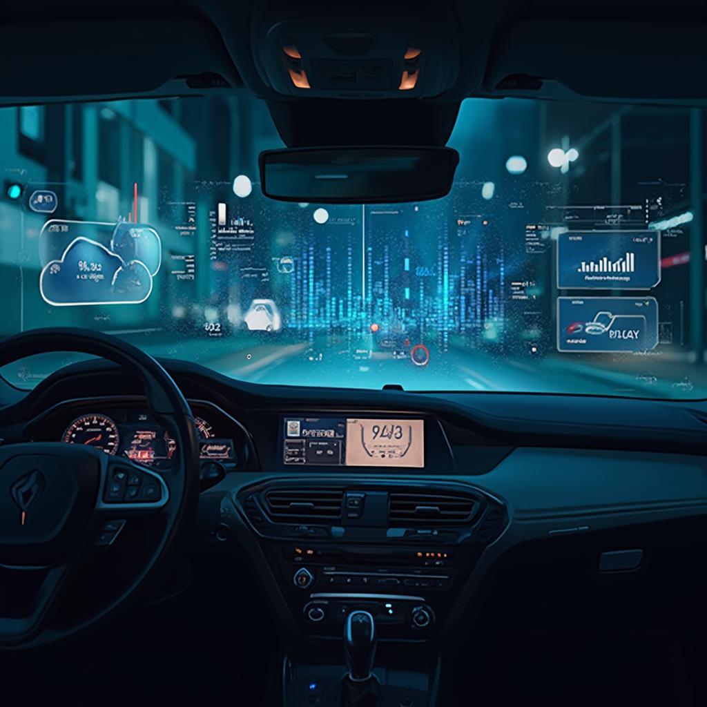 Futuristic car dashboard displaying integrated OBD2 data and predictive maintenance alerts