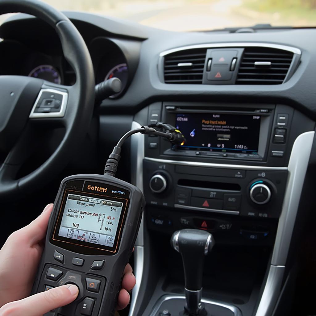 gotech obd2 scanner plugged into the OBD2 port of a car, displaying diagnostic information on its screen.