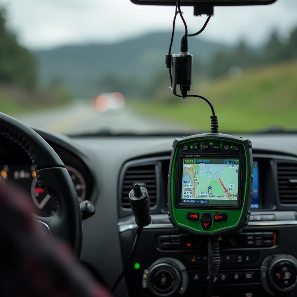 Green Eco OBD2 Scanner in use on Tacoma roads